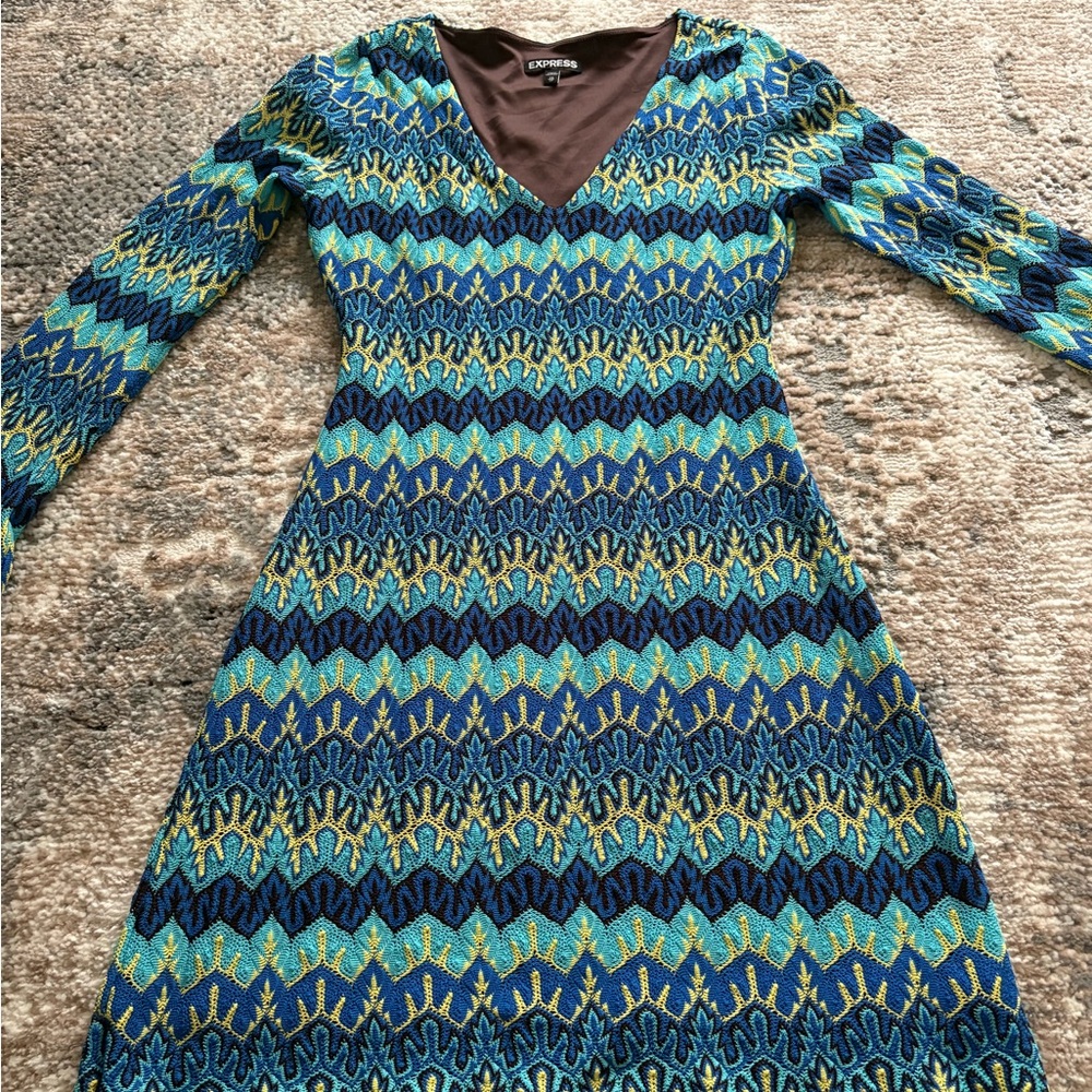 Express Blue and Green Long Sleeve Dress
